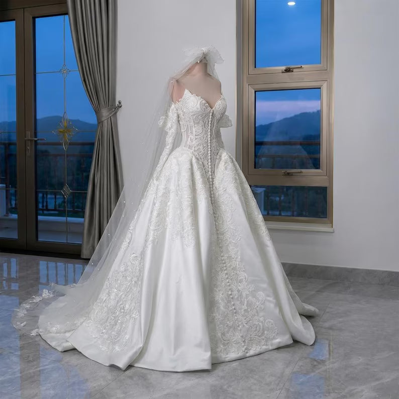 Elegant Sweetheart Off-the-Shoulder Long Sleeve Lace Satin Wedding Dress DP8590