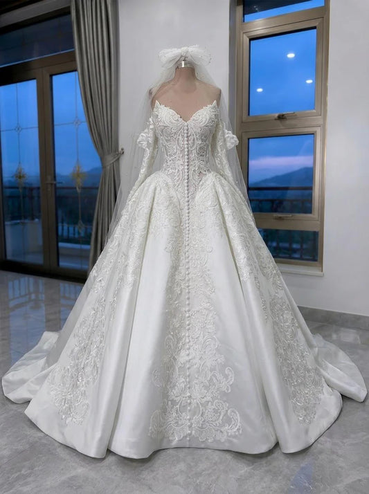 Elegant Sweetheart Off-the-Shoulder Long Sleeve Lace Satin Wedding Dress DP8590