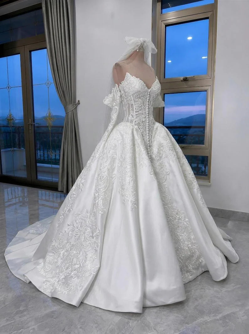 Elegant Sweetheart Off-the-Shoulder Long Sleeve Lace Satin Wedding Dress DP8590