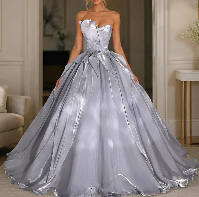 Elegant Silver Organza Strapless Sweetheart 3D Ruffle Sweet 15 Quinceanera Ball Gown DP8605