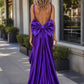 Elegant Purple Satin Sweetheart Corset Mermaid Spaghetti Strap Ruched Big Bow Ruffle High Slit Evening Gown DP8646