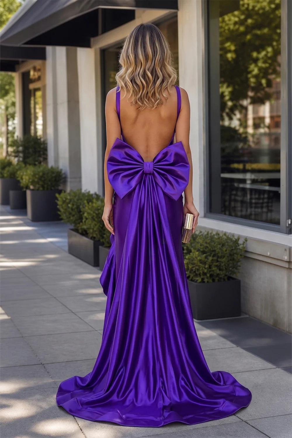 Elegant Purple Satin Sweetheart Corset Mermaid Spaghetti Strap Ruched Big Bow Ruffle High Slit Evening Gown DP8646