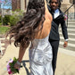 Elegant Silver Strapless Sweetheart Satin Mermaid Ruched High Slit Prom Dress DP8643