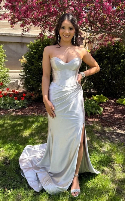 Elegant Silver Strapless Sweetheart Satin Mermaid Ruched High Slit Prom Dress DP8643