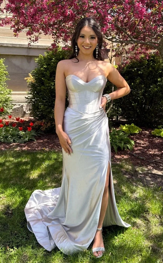 Elegant Silver Strapless Sweetheart Satin Mermaid Ruched High Slit Prom Dress DP8643