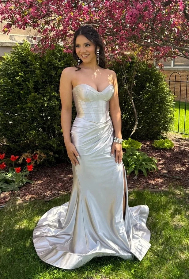 Elegant Silver Strapless Sweetheart Satin Mermaid Ruched High Slit Prom Dress DP8643