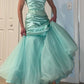 Elegant Mint Turquoise Strapless Satin Mermaid Beaded Evening Gown DP8558