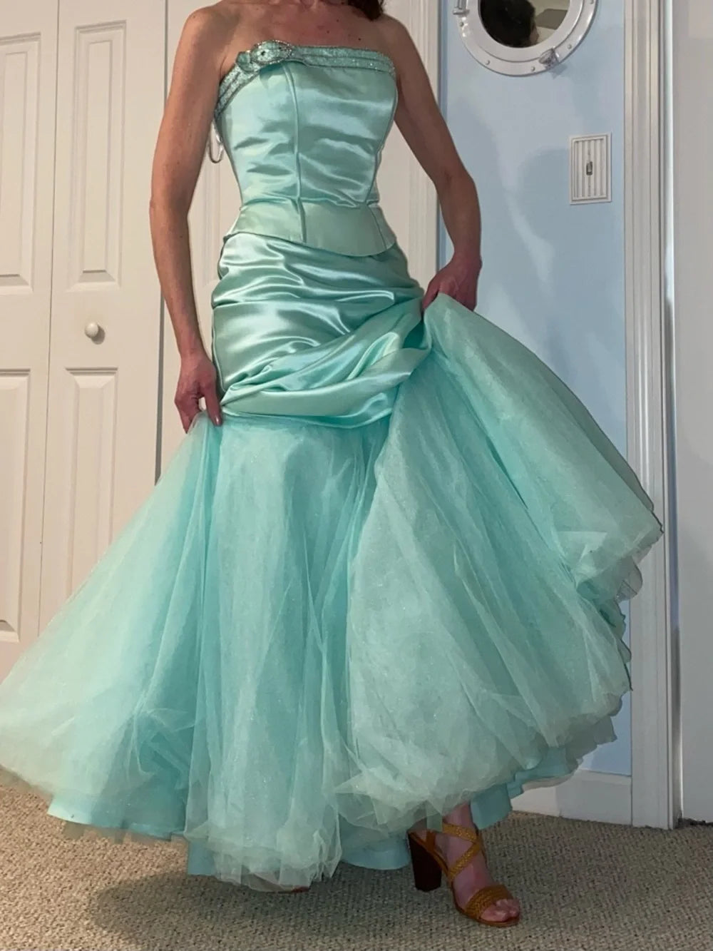 Elegant Mint Turquoise Strapless Satin Mermaid Beaded Evening Gown DP8558