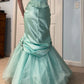 Elegant Mint Turquoise Strapless Satin Mermaid Beaded Evening Gown DP8558