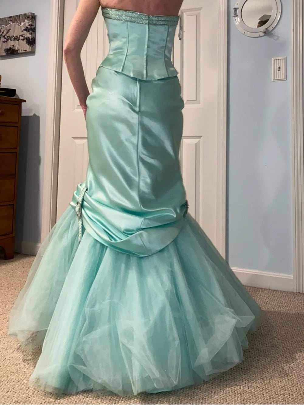 Elegant Mint Turquoise Strapless Satin Mermaid Beaded Evening Gown DP8558