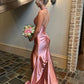 Vintage Pink Satin Mermaid Prom Dress Halter Neck High Slit Evening Gown DP8290