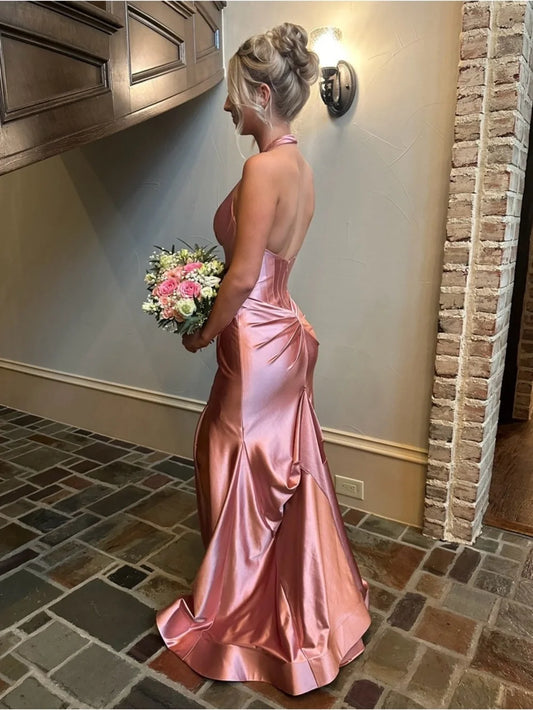 Vintage Pink Satin Mermaid Prom Dress Halter Neck High Slit Evening Gown DP8290