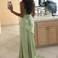 Elegant Sage Green Satin Strapless Corset Ruched Sheath Evening Gown DP8639