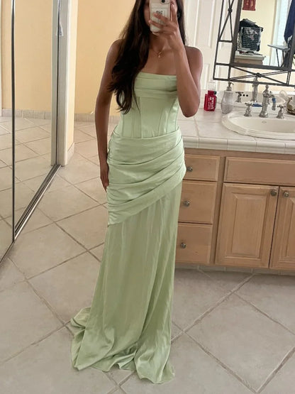 Elegant Sage Green Satin Strapless Corset Ruched Sheath Evening Gown DP8639