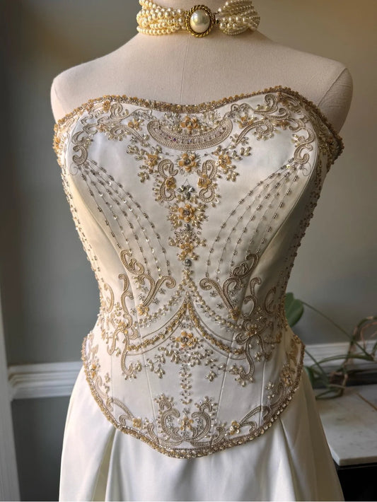Vintage Strapless Satin Gold Embroidery A-Line Wedding Dress DP8425