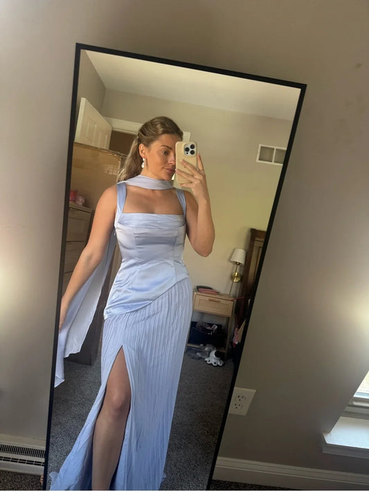 Elegant Light Blue Square Neck Straps Corset Pleated High Slit Sheath Prom Dress with Scarf Tie DP8641