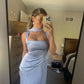 Elegant Light Blue Square Neck Straps Corset Pleated High Slit Sheath Prom Dress with Scarf Tie DP8641