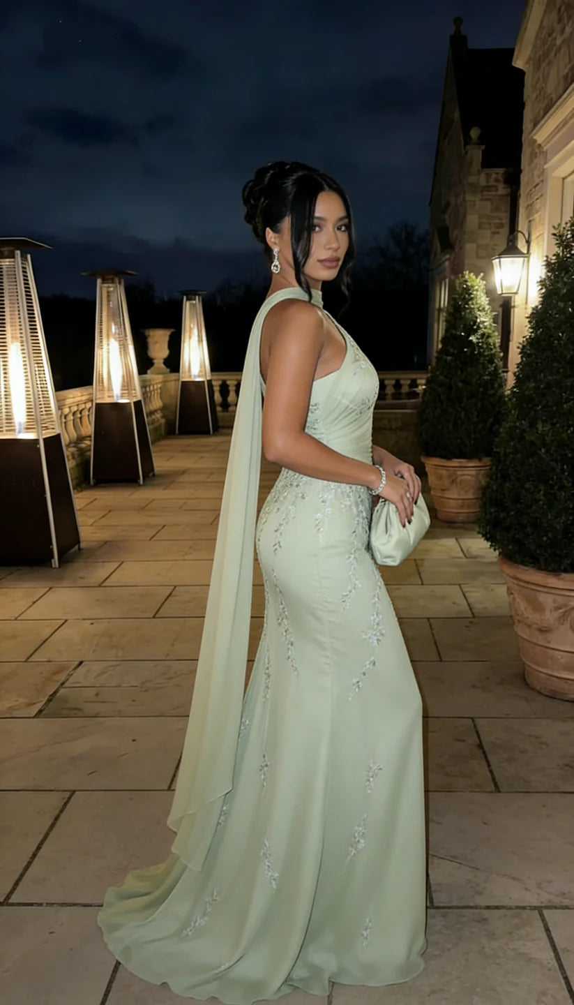 Elegant Sage Green One-Shoulder Chiffon Lace Appliques Sheath Prom Dress DP8486