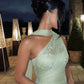 Elegant Sage Green One-Shoulder Chiffon Lace Appliques Sheath Prom Dress DP8486