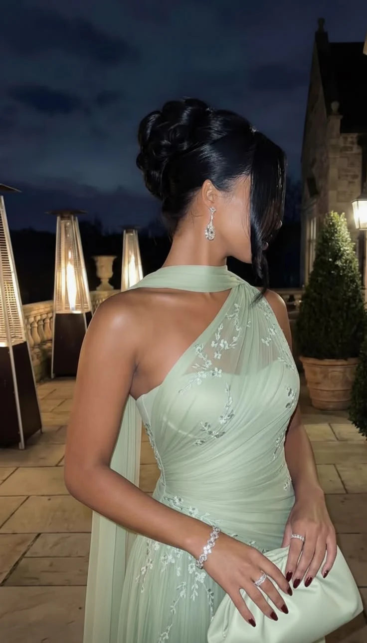 Elegant Sage Green One-Shoulder Chiffon Lace Appliques Sheath Prom Dress DP8486