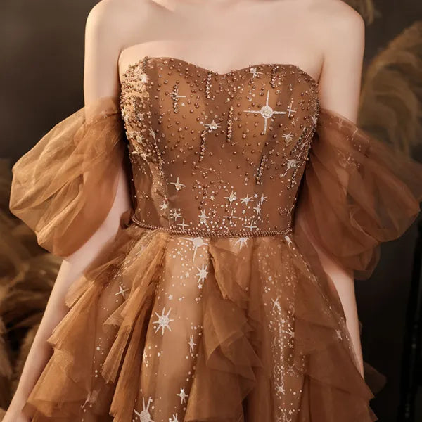 Elegant Champagne Sweetheart Shiny Sequin Ruffle Design A-Line Chiffon Tulle Evening Dress Prom Dress DP6135