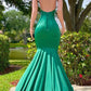 Robe de bal sirène verte vintage, robe de soirée en satin, col licou, robe de soirée longue, robe formelle DP6833