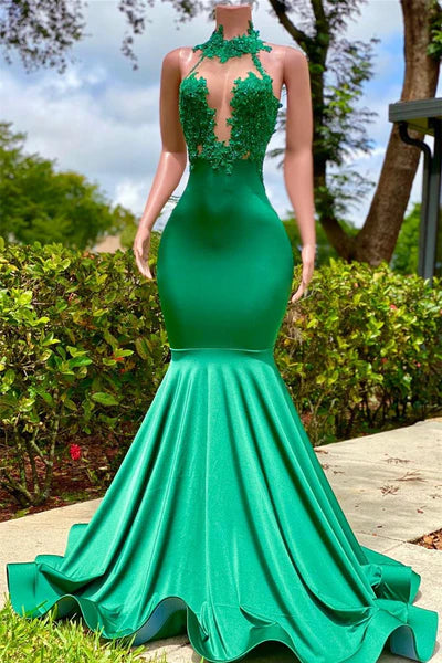 Vintage Green Mermaid Prom Dress Satin Evening Gown Halter-neck Party Dress Long Formal Dress DP6833