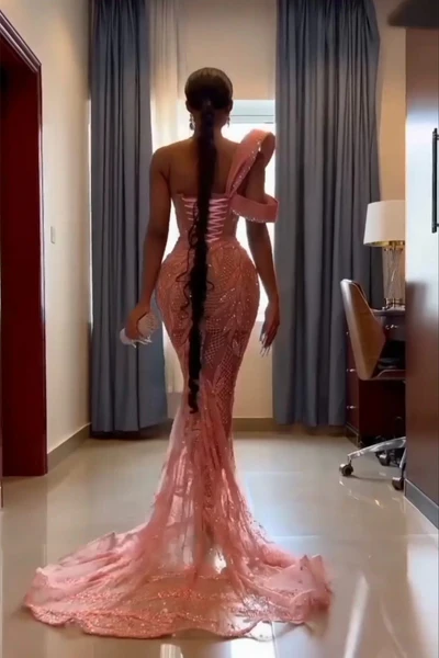 Robe de bal sirène rose vintage, robe de soirée perlée scintillante, robe de soirée asymétrique, robe longue de soirée DP6829