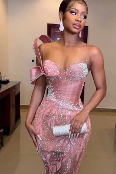 Robe de bal sirène rose vintage, robe de soirée perlée scintillante, robe de soirée asymétrique, robe longue de soirée DP6829