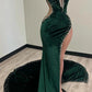 Chic Dark Green Sheath Beaded Prom Dress Evening Gown Velvet Strapless High Slit Party Dress Long Formal Dress DP6940