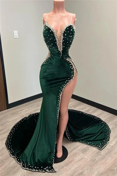 Chic Dark Green Sheath Beaded Prom Dress Evening Gown Velvet Strapless High Slit Party Dress Long Formal Dress DP6940