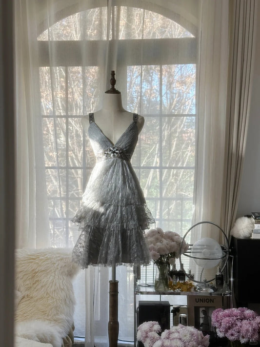 Chic Gray Beading Appliques A-line V-neck Tiered Party Dresses Homecoming Dresses, DP5792