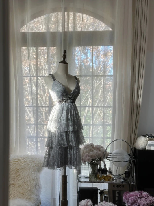 Chic Gray Beading Appliques A-line V-neck Tiered Party Dresses Homecoming Dresses, DP5792