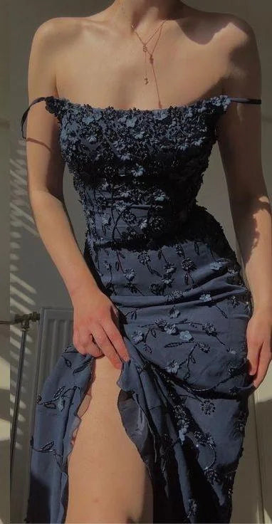 Charming Navy Blue Applique Spaghetti Strap Sheath Long Prom Dress Party Dress Evening Dress DP6467