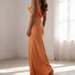 Elegant Orange Satin Cowl Neck Floor-Length Ruched High Slit Sheath Evening Dress DP8665