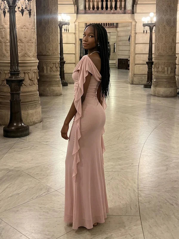 Elegant Pink Off-the-Shoulder Cowl Neck Ruffle Ribbon Ruched Mermaid Evening Dress DP8663