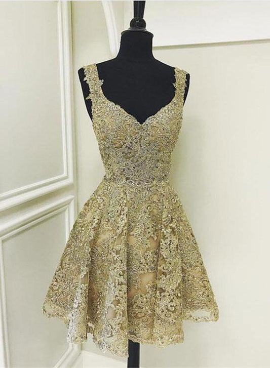 Vintage Spitzenapplikationen Kurzes A-Linie Partykleid Cocktailkleid Homecomingkleid DP6486
