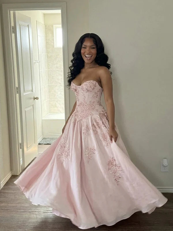 Gorgeous Pink Strapless Floral Lace Applique Sweet 16 Quinceanera Ball Gown  DP8629