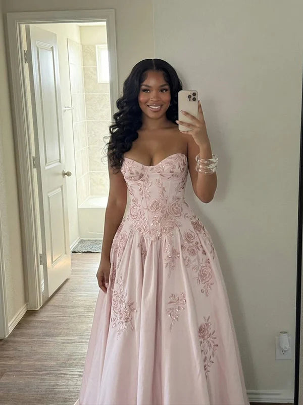Gorgeous Pink Strapless Floral Lace Applique Sweet 16 Quinceanera Ball Gown  DP8629