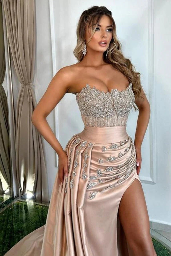 Robe de bal fourreau vintage en satin rose, robe de soirée scintillante à perles, sans bretelles, fente haute, robe longue de soirée, DP6830