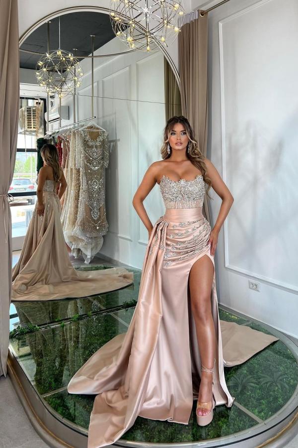 Robe de bal fourreau vintage en satin rose, robe de soirée scintillante à perles, sans bretelles, fente haute, robe longue de soirée, DP6830