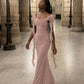 Elegant Pink Off-the-Shoulder Cowl Neck Ruffle Ribbon Ruched Mermaid Evening Dress DP8663