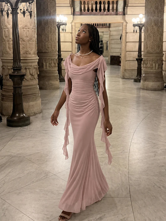 Élégante Robe de Soirée Sirène Rose Épaules Dénudées, Col Bénitier, Volants et Rubans Froncés DP8663