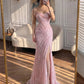 Elegant Pink Strapless Sweetheart Mermaid Lace Corset High Slit Evening Gown DP8489