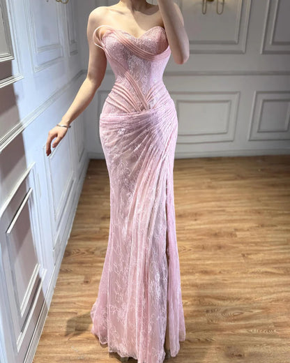 Elegant Pink Strapless Sweetheart Mermaid Lace Corset High Slit Evening Gown DP8489