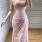 Elegant Pink Strapless Sweetheart Mermaid Lace Corset High Slit Evening Gown DP8489