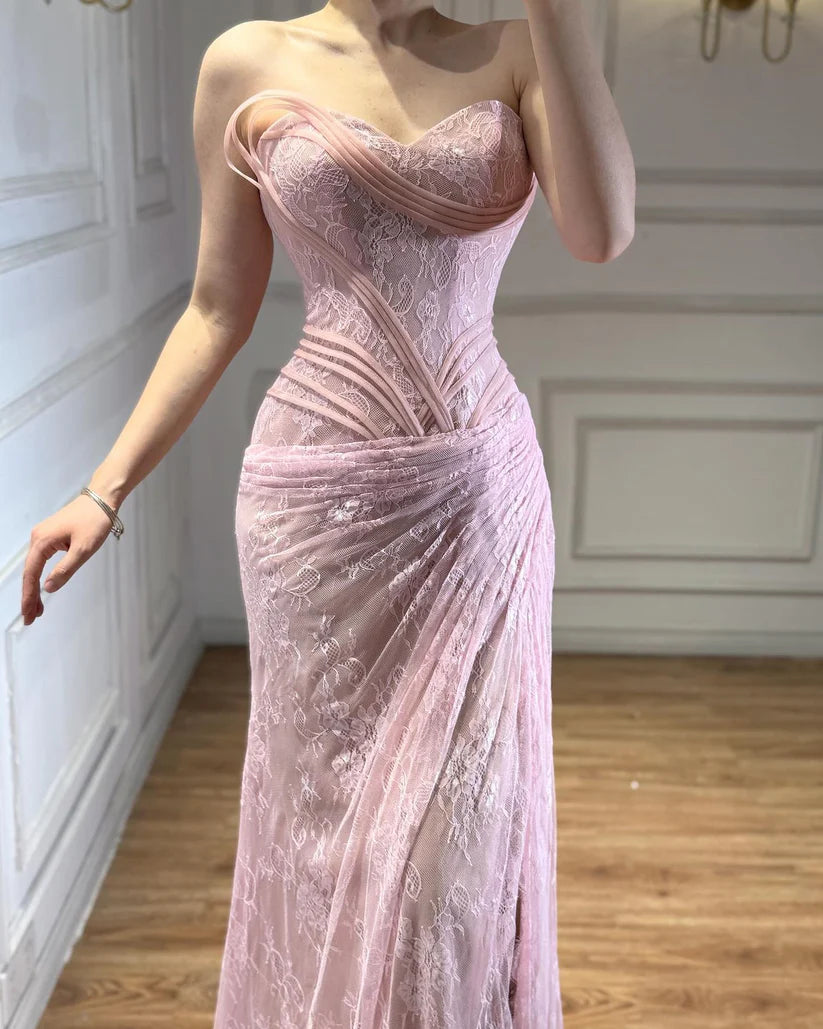 Elegant Pink Strapless Sweetheart Mermaid Lace Corset High Slit Evening Gown DP8489