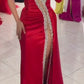 Luxury Red Satin Prom Dress Beaded High Slit Strapless Sweetheart Evening Gown DP4122