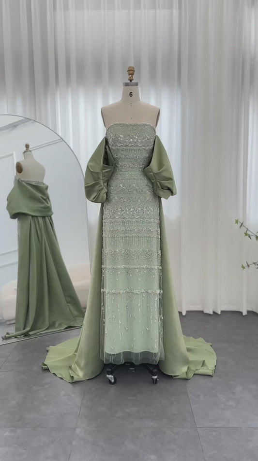 Vintage Glänzendes, perlenbesetztes, trägerloses Etuikleid im Cape-Design, langes Ballkleid, Abendkleid, DP6535