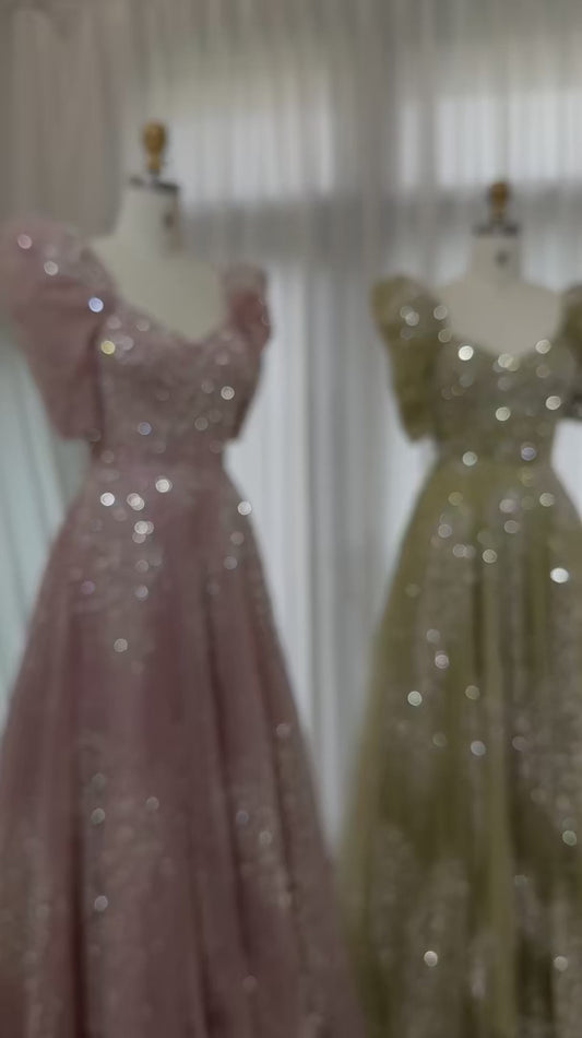 Wunderschönes, funkelndes, mit Perlen besetztes Pailletten-Kurzarm-A-Linien-Ballkleid, Abendkleid, DP6542